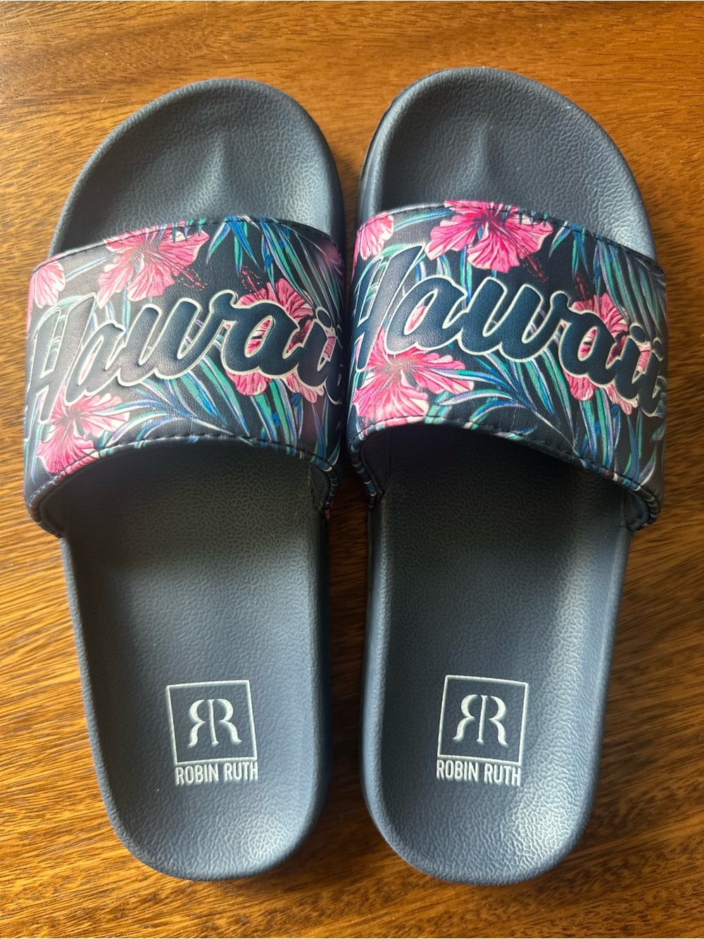 Robin Ruth Navy Slide Sandals with Pink Floral Print